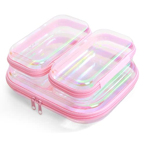 Clear Hard Shell Zipper Case, Surface scratch resistant material, Portable Cosmetic Bag with Zipper, Diaper Bag Organizing Pouches, Hard Plastic Case, Clear Bags for Organizing, Laser Pink （3 Pcs）