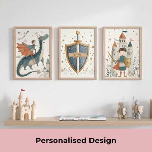 Personalised Fairy Tale nursery wall art | 3 prints, dragon, Shield and knight, boys bedroom decor digital downloads