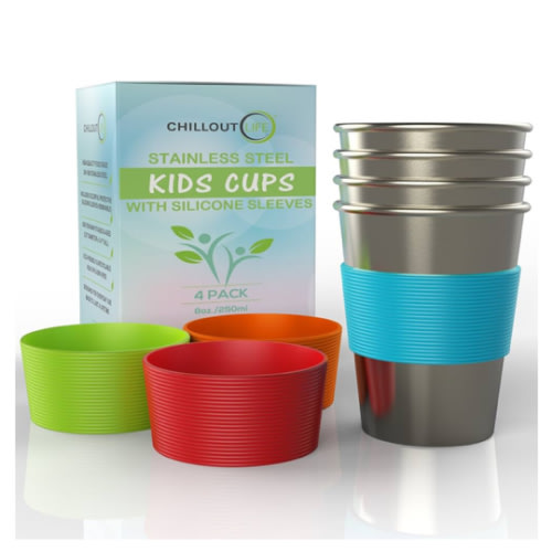 Stainless Steel Cups for Kids and Toddlers 8 oz. with Silicone Sleeves - Small Metal Cups for Home & Outdoor Activities, BPA Free Healthy Unbreakable Premium Metal Drinking Glasses (4-Pack)