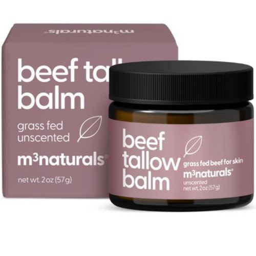 Grass Fed Beef Tallow Balm, Unscented Moisturizing Balm with Cold-Pressed Olive Oil and Beeswax for Skin, Body and Face, M3, 2oz
