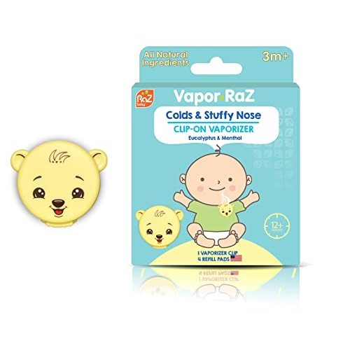 RaZbaby Vapor-Raz Clip-On Vaporizer – Reusable for Cough, Cold & Congestion Relief with Soothing Menthol & Eucalyptus Aromatherapy – Use at Home & On-the-Go – Includes 4 Vapor Pad Refills