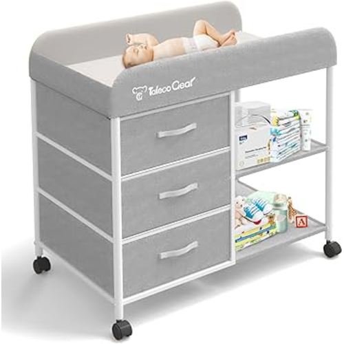 G TALECO GEAR Baby Changing Table, Portable Changing Table, Diaper Changing Station with Waterproof Pad, Changing Table Dresser with 3 Storage Baskets, Mobile Nursery Organizer for Newborn Essentials