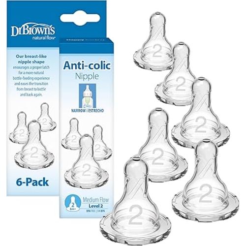 Dr. Brown’s Natural Flow Level 2 Narrow Baby Bottle Silicone Nipple, Medium Flow, 3m+, 100% Silicone Bottle Nipple, 6 Count