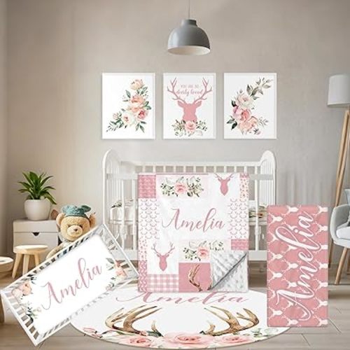 Personalized Baby Crib Bedding Set, 5 Pcs Custom Name Nursery Bedding Set, Pink Woodland Deer Baby Bedding Set for Girl, Double Layer Baby Crib Sets, Customized Gifts for Toddlers Kids Infants