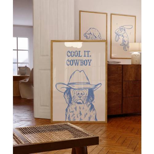 cool it cowboy art print | retro print | vintage art | blue wall art dog | western dog print | trendy decor | western poster art | funky art
