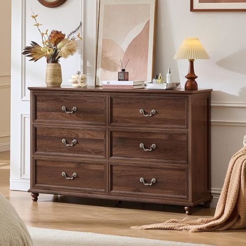 Farmhouse 6 Drawers Dresser for Bedroom, Vintage 54" Wide Chest of Drawers w/ 4 Wooden Legs, Rustic Large Closet Storage Dressers Organizer for Hallway, Wood TV Stand for Living Room, Brown