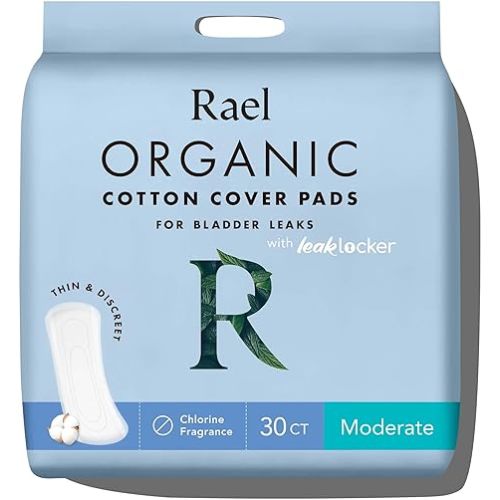 Rael Incontinence Pads for Women, Organic Cotton Cover, Postpartum Essential, Heavy Absorbency, Bladder Control, 4-Layer Core with Leak Guard Technology, Long Length (Moderate, 30 Count)