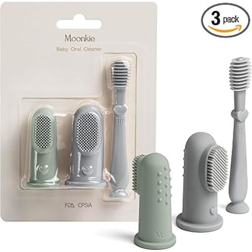 Moonkie Baby Finger Toothbrush Tongue Oral Cleaner Kit for 3 Months +, 3 Pcs (Blue/Mint/Blue)
