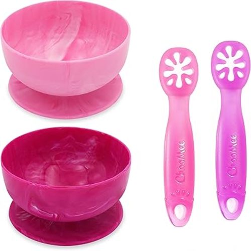 ChooMee Baby Suction Bowls & FlexiDip Learning Utensil Set, 4 CT Small, Light & Dark Pink