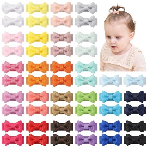 yoyokid 50PCS Baby Girls Snap Hair Clips, 1.2" Grosgrain Ribbon Tiny Hair Bows Clips for Baby Girls Toddlers Infant Fine Thin Hair (25 Colors in Pairs)