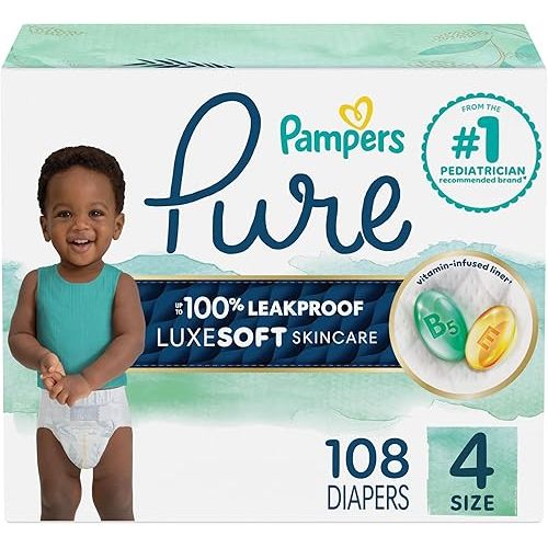 Pampers Pure Baby Diapers, Size 4 (22-37 lbs), 108, Up to 100% Leakproof, Premium Hypoallergenic Soft Diapers