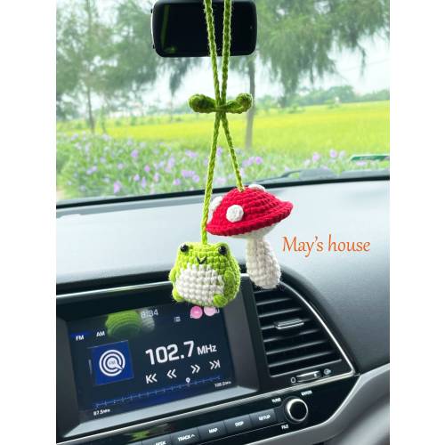 Crochet frog and mushroom ornament, crochet frog car charm, crochet mushroom car charm, car decor