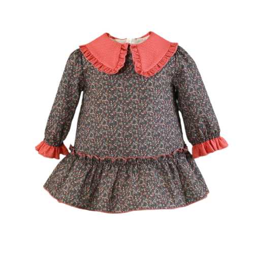 Vintage Floral Baby Dress: Long Sleeve Ruffle Collar, Made in Spain