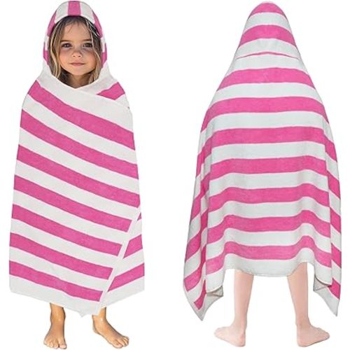 ORIGINAL KIDS Hooded Bath Towel Wrap - 100% Cotton Terry Large Oversized Hooded Kids Towel - Toddler Shower Pool Beach Towel - Soft Plush Absorbent Quick Dry Easy Care Gift -30x60- Cabana Stripe Pink