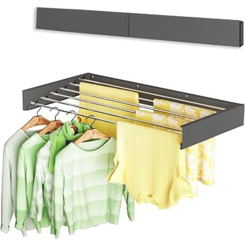Vikaqi Wall Mounted Clothes Drying Rack 40", Foldable Wall Mount Laundry Rack Folding Indoor, Drying Rack Clothing Collapsible, Hidden Space Saver with Wall Template, 6 Rods, Black