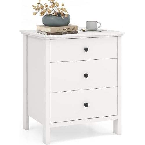 DORTALA 3 Drawers Nightstand, Modern Bedside Table with 3 Drawers, Wooden End Table with Large Storage Space for Home Office Living Room Bedroom, Cosmetic Storage Organization with Handles, White