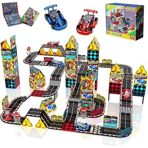 Magnetic Tiles Road Set, Race Track with 2 Car, Magnet Building Blocks for Kids Ages 3 4 5 6 7 8, for 3＋ Years Old