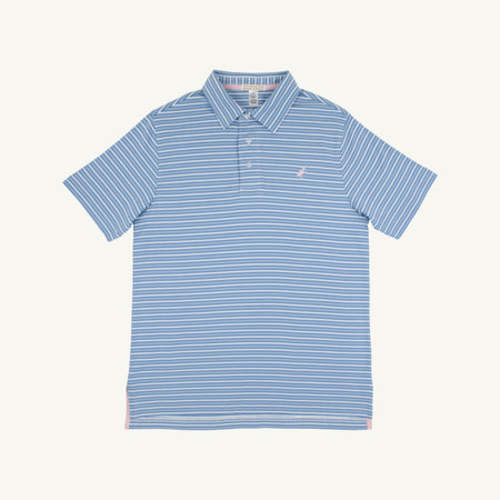 Prim & Proper Polo & Onesie - Sumner County Stripe (Sunrise Blvd. Blue) with Palm Beach Pink Stork