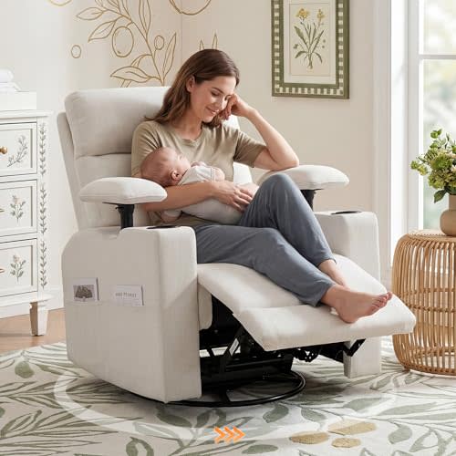 FiveWillowise 360° Rocker Recliner Chair with Adjustable Armrest&Headrest | Oversized Manual Nursery Glider with Cup Holder,Swivel Rocking Chairs for Breastfeeding,Living Room,Bedroom,Beige