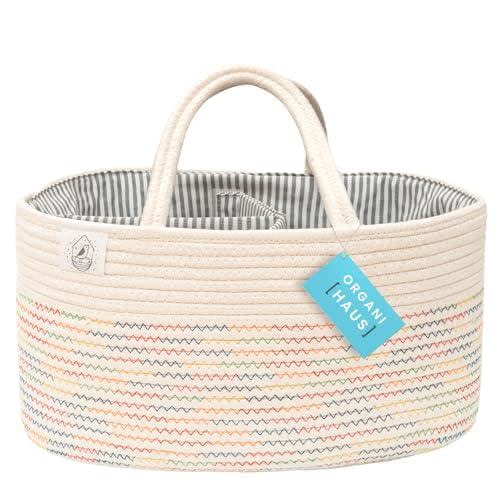 OrganiHaus Rainbow Rope Diaper Caddy Nursery Organizer Storage 15x9.6x9.8in - Rainbow stitches