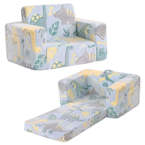 Tiita Kids Sofa, 2-in-1 Kid Sofa, Convertible Children Couch to Lounger, Flip Out Kids Chair, Glow in The Dark Kids Armrest Chair for Girl or Boy (Grey Dinosaur)