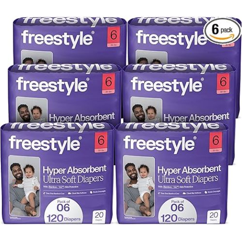 Freestyle BambooTek Diapers – (Size 6) Hyper Absorbent & Non-Toxic – Disposable Diapers for Sensitive Skin – Ultra Soft Diapers (35+ lbs) – 120 Count