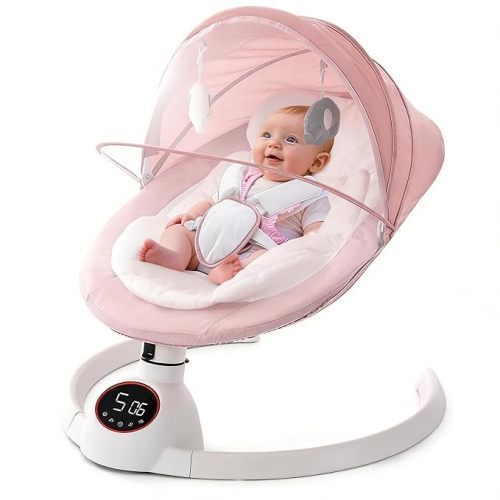 Soobaby Baby Swing for Infants,Electric Swing for Babies,Portable Swing for Baby Boy Girl,Remote Control Indoor Baby Rocker with 5 Sway Speeds,Music and Bluetooth,Hot Pink