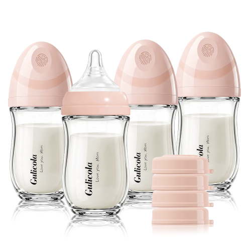 Gulicola Natural Glass Baby Bottle 4pk, 5 oz, Extra Slow Flow Nipples