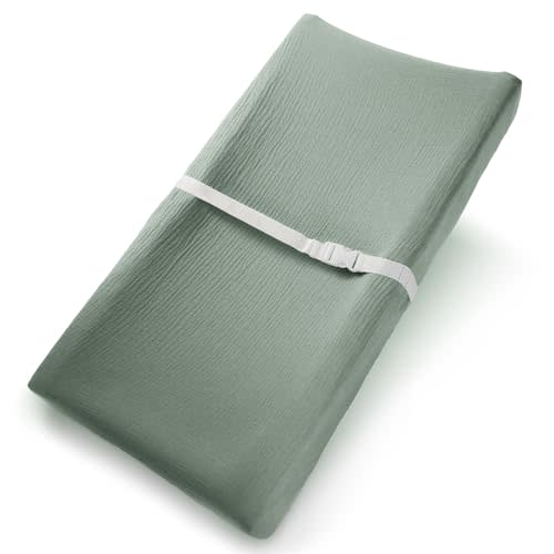Comfy Cubs Muslin Fitted Changing Pad Cover - Soft, Breathable & Washable 100% Cotton Fitted Sheet for Baby's Comfort - Universal Fit for Flat & Curved Baby Changer Pad - Fern