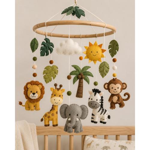 Handmade Safari Baby Mobile, Felt Jungle Animals Crib Decor