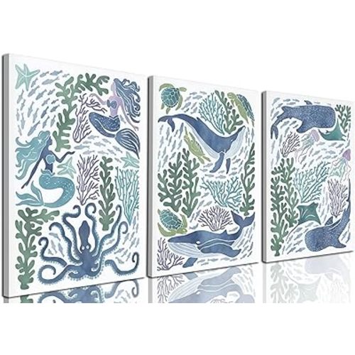 Ocean Nursery Wall Art Set of 3, Sea Animal Kids Coastal Wall Decor Mermaid Whale Octopus Poster Canvas Painting Prints Artwork for Bedroom Living Room 12x16 inch Framed
