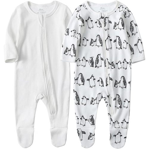 O2 BABY Baby Boys Girls Organic Cotton Zip Front Sleeper Pajamas, Footed Sleep 'n Play（Newborn, Ivory+Penguin）