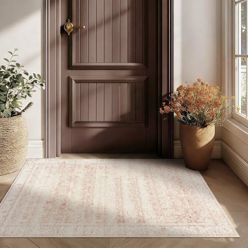 Pink Nursery Rug for Girls Room Vintage Floral Washable 5x7 Rugs for Dorm | Light Blush, Boho Distressed Pattern, Low Pile Soft Surface Throw Carpet, for Living Room Bedroom Kids, Non Slip Foldable