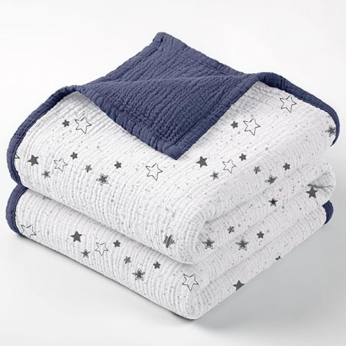 lulumoon Muslin Baby Blanket for Boys - Soft Cotton Receiving Blanket for Infant - 4 Layer Reversible Breathable Crib Bedding for Stroller and Nursery 47"x47" (Blue Star)