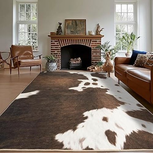 Cowhide Rug Area Rugs for Living Room, 4x6 Cow Print Rug Machine Washable for Bedroom Dining Room Western Home Decor Non-Slip Low Pile Indoor Floor Carpet