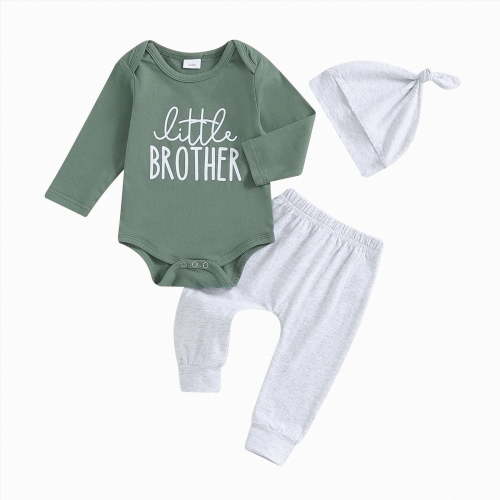 Xudanell Little Brother Newborn Outfit Baby Boy Lil Bro T Shirt Romper Long Pants Set Hat Infant Little Summer Clothes (Green, 0-1 Months)