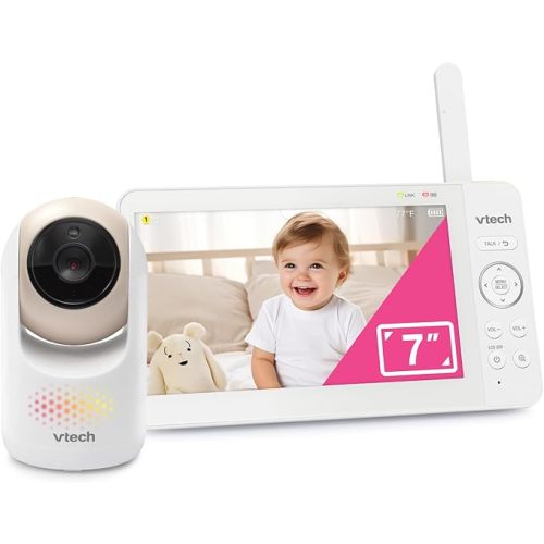 VTech Baby Monitor No WiFi, 7" IPS Screen, 5000mAh 12Hr Battery, 360° PTZ, 4X Zoom, Night Vision, Night Light, 2-Way Talk, White | Advanced HQ Max
