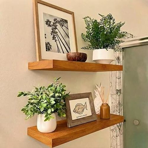 IAE Floating Wall Shelves 16 inch,Bathroom Shelving Wall Mounted,Invisible Shelf Floating Kitchen Shelves,Wooden Wall Shelf with Brackets for Living Room Wall Mounted,Easy Install,Set of 2,Teak