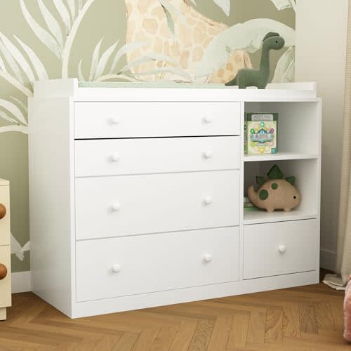 Timechee Changing Table Dresser, Baby Classic Nursery Dresser with 5 Drawers and 2 Shelves, Multi-Functional Baby Changing Table, Diaper Changing Station for Children's Room, White