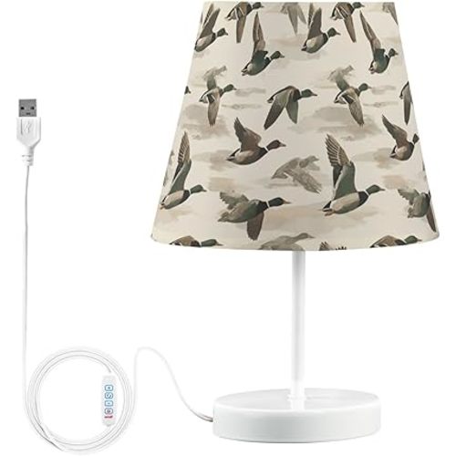 Mallard Ducks Table Lamp, LED Dimmable Desk Lamps Nightstand Lamp Bedside Night Light Fabric Lampshade Decor Lights USB Ports Metal Base for Home Office