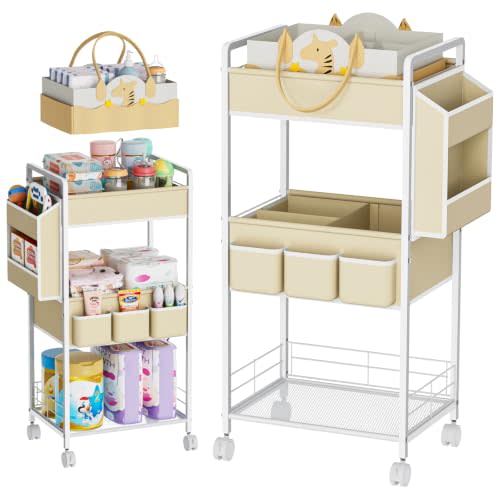 JBBTOOL 2In1 Baby Diaper Caddy & 3-Tier Rolling Diaper Cart, Diaper Caddy Organizer with Dividers & Pockets, Mobile Metal Utility Cart for Baby Essentials, Bedroom, Kitchen & Office