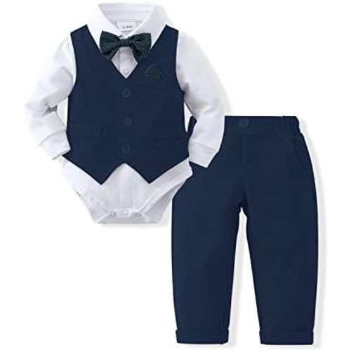 DISAUR Baby Boy Clothes Toddler Boy Outfits 4PCS Gentleman Dress Romper/Vest/Pants/Bow Tie Cotton Suit Sets