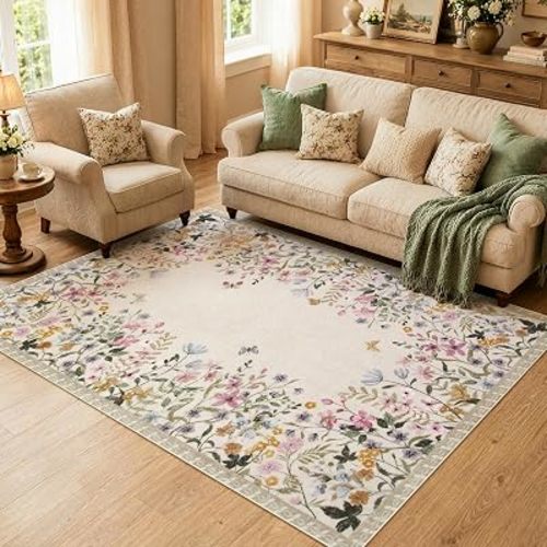 Wonnitar 5x7 Area Rug for Living Room, Floral Washable Rug for Bedroom, Boho Botanical Nursery Rug, Non Slip Soft Farmhouse Carpet, Beige Kids Playroom Decor (5x7 Beige)