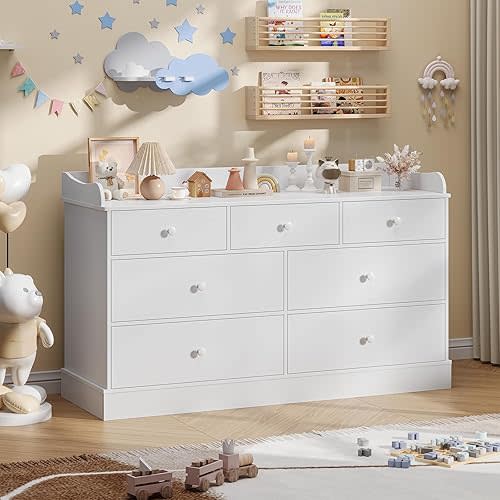 Vabches Kids Dresser Cabinet with 7 Drawers and Large Table Top, Multi-Functional Chest of Drawers, Baby Dresser, Kids Bedroom Furniture, Nightstand for Child’s Room, White