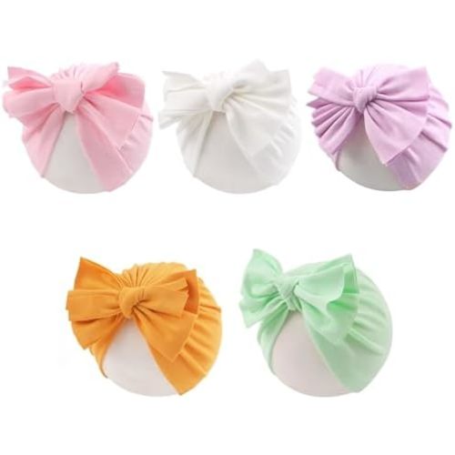 PESAAT Baby Girl Turban Newborn Beanies Hat 5 Pieces Cotton Infant Girls Headwraps Toddler Kids Hats 0-3 Years