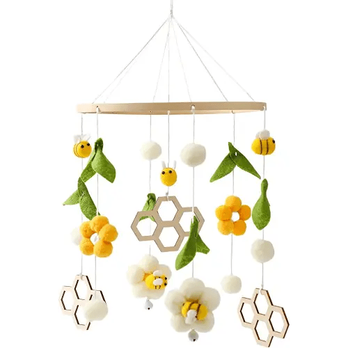 Nursery Mobile for Boys Girls, Boho Bee Flower Nursery Decor Soothe Toy, Shower Set for Infant Bedroom Hanging Decoration, Yellow