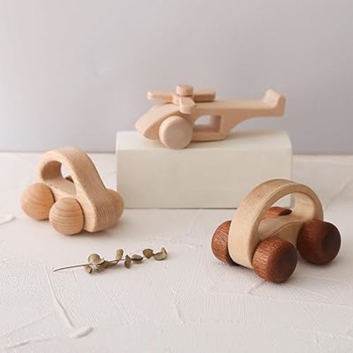 Wooden Baby Car and Airplane Toys,Wood Push Car for Toddler Montessori Baby Grip Toy Car,Gifts for Boys and Girls,Push and Pull Toy Car 3 Pieces
