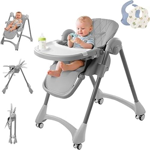High Chair with Wheels, 6 in 1 Convertible High Chairs for Babies and Toddlers, Portable Foldable Baby Chair with Adjustable Backrest 4 Positions Recline, 7-Level Height Adjustment, Foot Rest, 3-Position Removable Food Tray, Cotton Bibs & Silicone Bibs, I