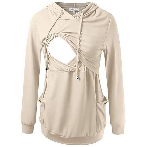 GINKANA Womens Nursing Hoodie Top Sweatshirt Long Sleeve Button Decoration Pockets Shirts Tunic Top