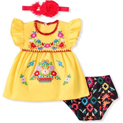 HINTINA Newborn Baby Girl Embroidery Mexican Dress and Shorts Set Ethnic Wear